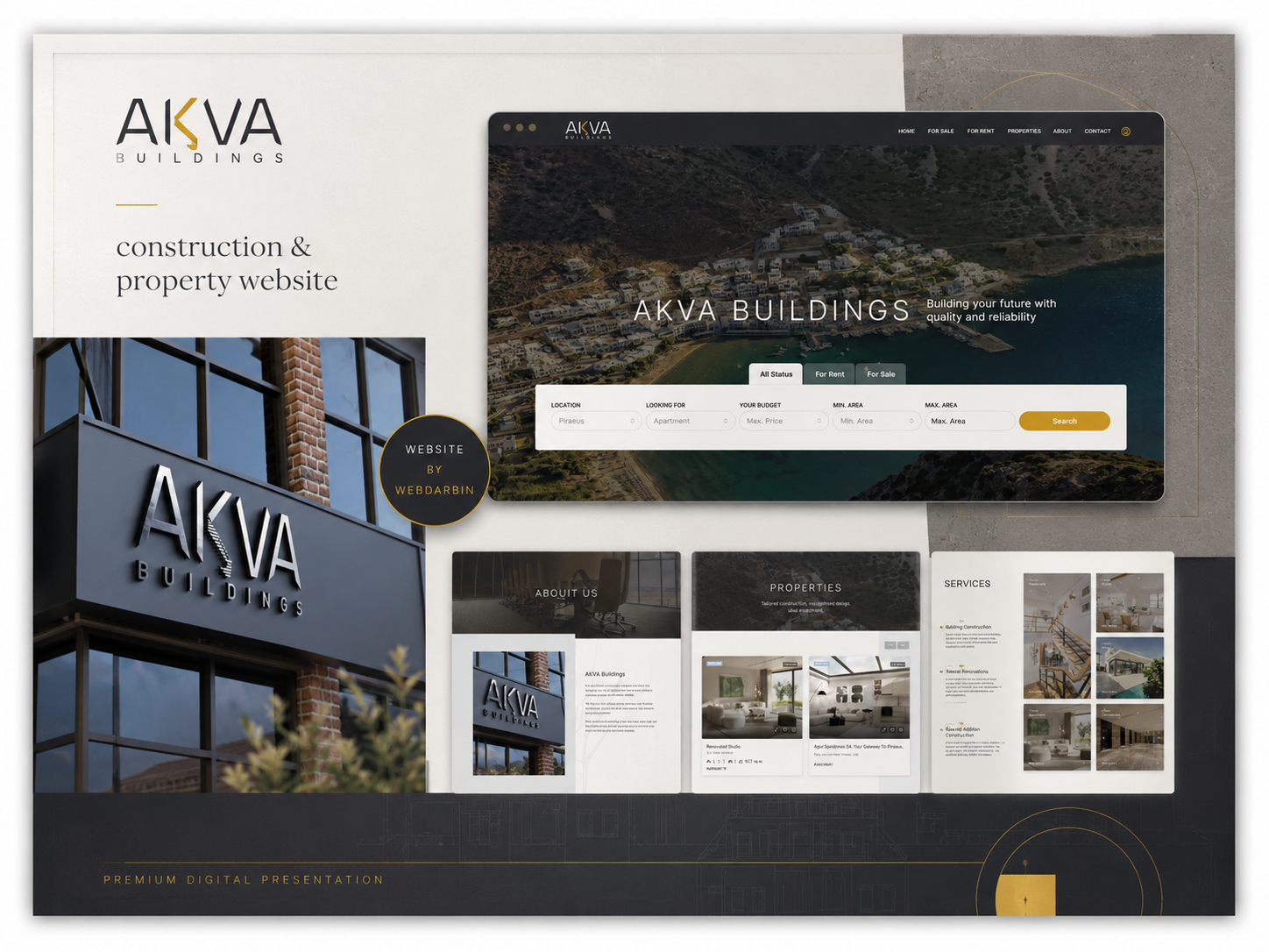 Akva website presentation with property search, company information, property listings and services
