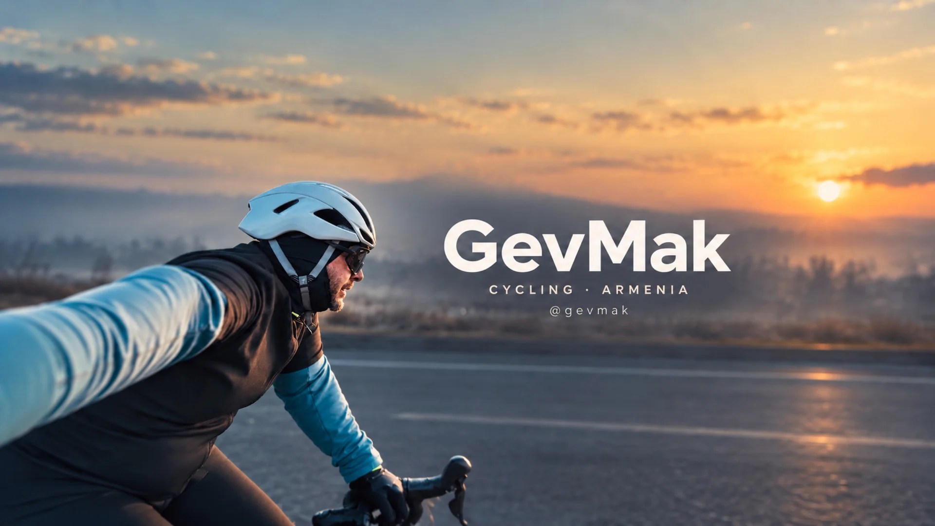 GevMak cycling brand artwork with a cyclist, an Armenian landscape and the GevMak wordmark